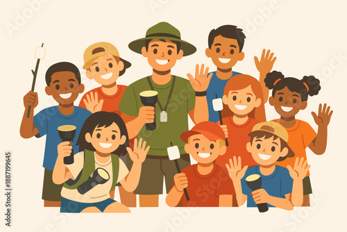 Diverse group of happy children and camp leader enjoying outdoor adventure