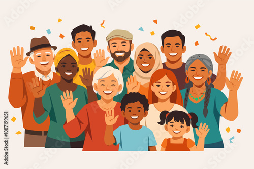 Diverse group of happy people waving and smiling together celebrating community and unity