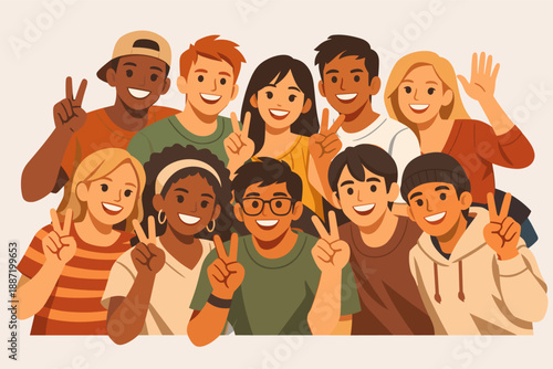 Diverse group of happy young adults celebrating with peace signs