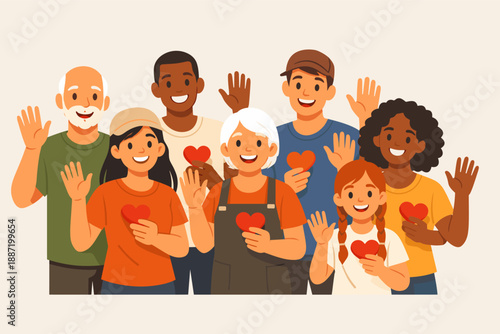 Diverse group of smiling people holding hearts and waving in unity and friendship
