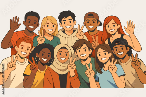 Diverse group of happy young adults celebrating unity with peace signs