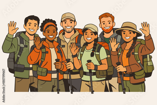Diverse group of young adults hiking in the mountains and smiling at the camera