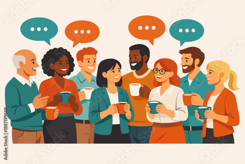 Diverse group of adults socializing and drinking coffee together