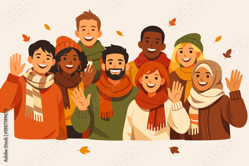 Diverse group of smiling young adults waving in autumn attire