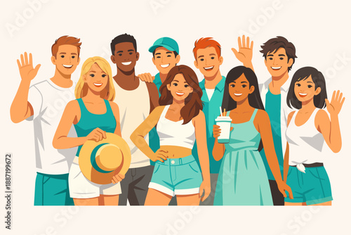 Diverse group of young adults smiling and waving at a casual outdoor gathering