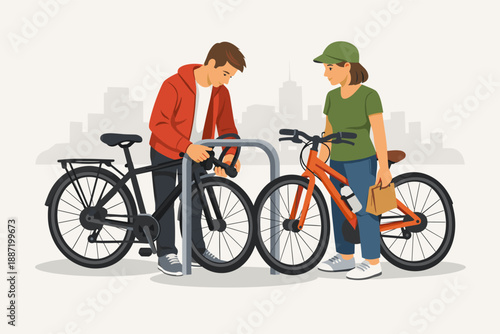 Young caucasian adults locking bicycles in urban setting