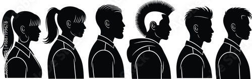 Side profile silhouettes of diverse young people hairstyles, men and women heads illustrating individuality, youth culture, fashion identity, diversity, and modern character design concept