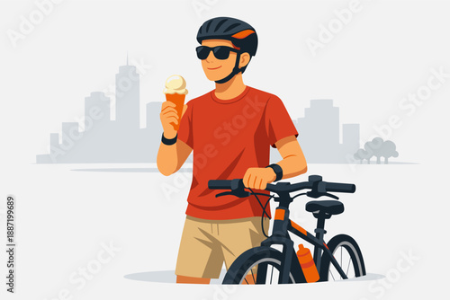 Male cyclist enjoying ice cream break in urban setting