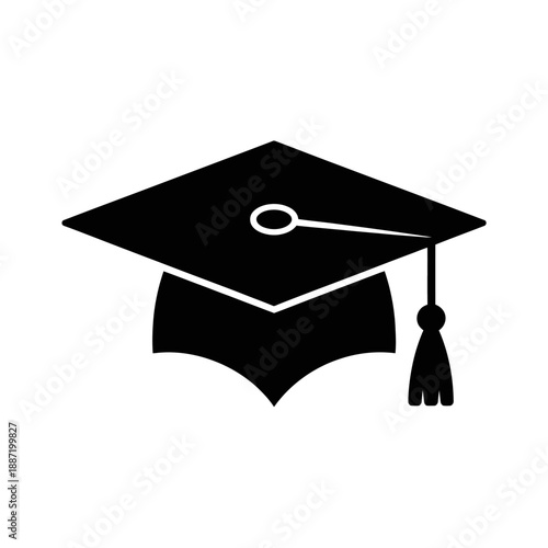 A simple black icon of a graduation cap with a tassel draped over the edge.