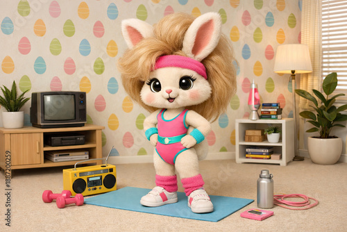 Cute Cartoon 1980s Bunny with Big Hair in Excercise Clothes