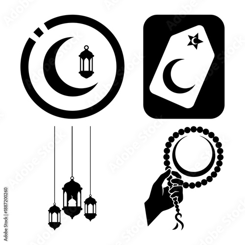 Eid al fitr gift giving and prayer symbols icon set png