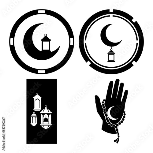 Eid al Fitr gift, clothing and crescent balloon silhouette icon set
