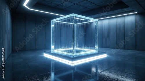 Glowing blue data cube in futuristic dark room
