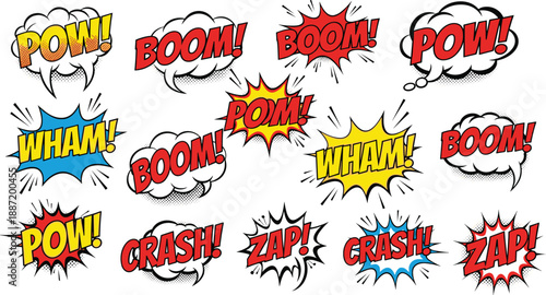 Comic book sound effect speech bubbles with pow boom crash zap wham text, colorful pop art explosion elements, cartoon action flat vector illustration