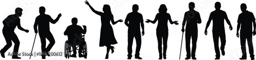 Silhouettes of diverse people standing and moving together, including wheelchair and cane users, illustrating inclusion, accessibility, equality, community diversity, and social lifestyle concept