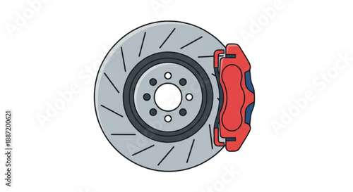 Car brake disc and red caliper illustration isolated on white, automotive braking system part, vector graphic