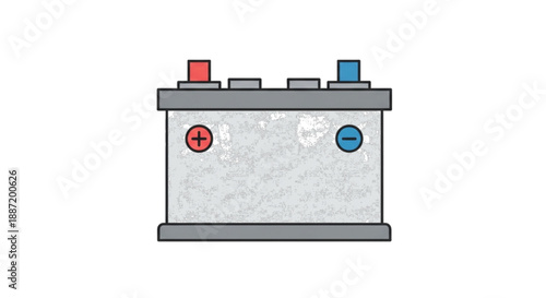 Car battery illustration with red and blue terminals isolated on white, automotive power source, energy storage