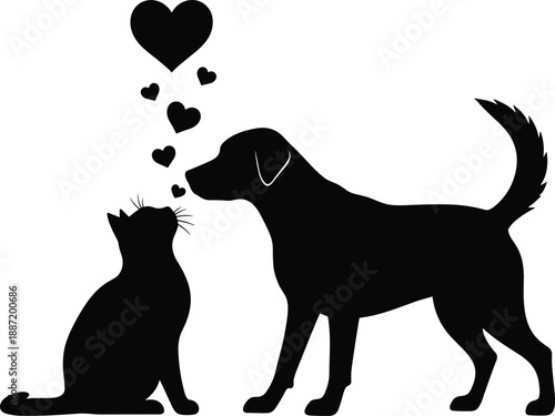 Dog and cat silhouettes with hearts, cute pet friendship, love, harmony and affectionate animal relationship concept isolated on white background
