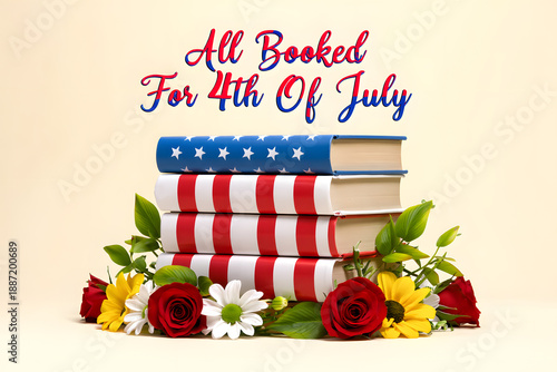 A stack of patriotic books and flowers for a 4th of july reading theme.