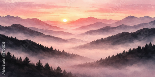 A breathtaking mountain landscape at sunrise and sunset features a mist-covered valley and forest under a blue sky filled with clouds, capturing the morning beauty of hills in the winter light