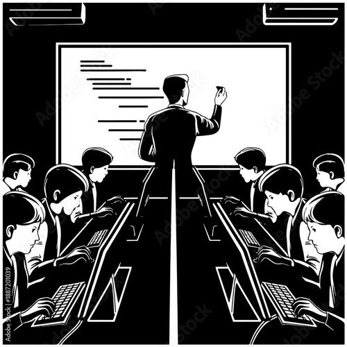 Tired children sit in a computer classroom, while a teacher stands in the center of the room writing on the blackboard with chalk. Vector illustration, flat black doodle art
