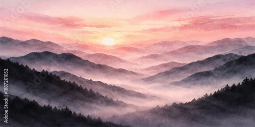 A breathtaking misty morning view of the sun rising over snow-capped mountain peaks and a forest valley, where golden light pierces through blue clouds and fog across the majestic nature landscape