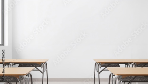 Bright Classroom With Empty Desks and Sunlight Shining on the Wall