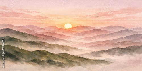 A beautiful orange and red sunset glows over mountain peaks and the distant sea horizon as golden sunlight reflects off the evening clouds in a peaceful nature landscape