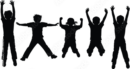 Silhouettes of joyful children jumping with raised hands, energetic kids activity illustration expressing happiness, freedom, playfulness, friendship, and positive childhood lifestyle concept