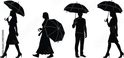 Silhouettes of people walking with umbrellas in rainy weather, urban lifestyle illustration showing rain protection, everyday commuting, fashion, and moody outdoor city atmosphere concept