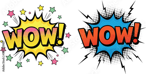 Comic pop art wow text bursts with colorful halftone explosions, bold cartoon typography and dynamic star shapes for fun reaction and graphic design illustration