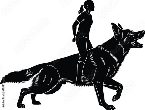 Silhouette of woman training German Shepherd dog, obedience exercise, professional canine handling, trust and partnership concept isolated on white background