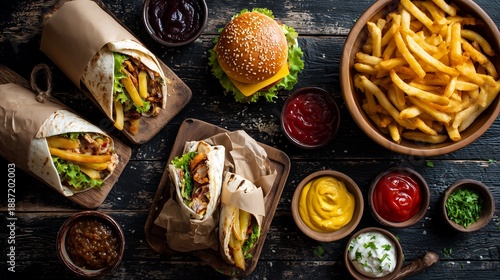 Top view of shawarma wraps, cheeseburger and fries served with various dips on a dark wood table, concept for restaurant advertising, menu presentation and food blog promotion