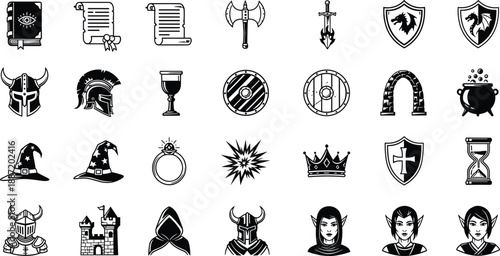 Fantasy medieval icon silhouette set with weapons, shields, magic items, warriors, crowns, and mythical symbols, role playing game illustration for RPG, fantasy, and storytelling design