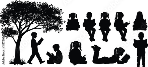 Children reading books silhouette set under a tree, kids sitting, standing and lying while reading, education and learning concept illustration