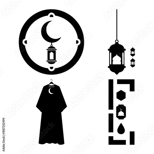 Eid ul Fitr icon set with crescent lantern, hanging lanterns, thobe and geometric pattern