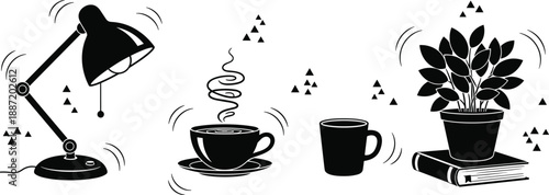 Cozy workspace silhouette illustration featuring desk lamp, coffee cups, potted plant on books, and minimal home office decor for lifestyle and interior design projects