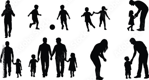 Family and children activity silhouettes showing parents with kids walking, playing, learning, and bonding together, illustrating parenting, childhood development, care, and everyday family life