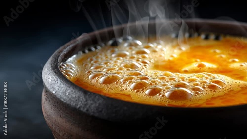 Cooking hot soup in a clay pot at home kitchen in evening