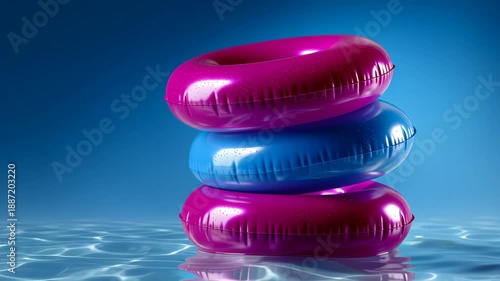Colorful pool rings floating in clear water during bright sunny day