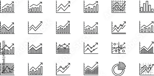 Black and white line and bar graphs with upward trending arrows and data points chart