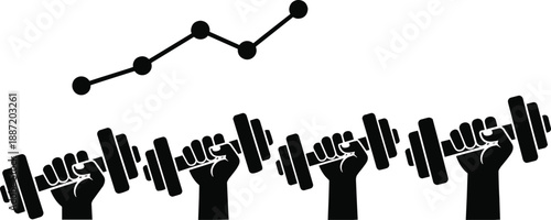 Black and white of fists holding dumbbells with ascending line graph weights