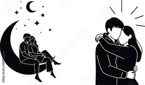 Black and white of two couples embracing on a crescent moon with stars hugging sitting