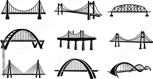 Black and white of various bridge types suspension bridge arch bridge beam bridge
