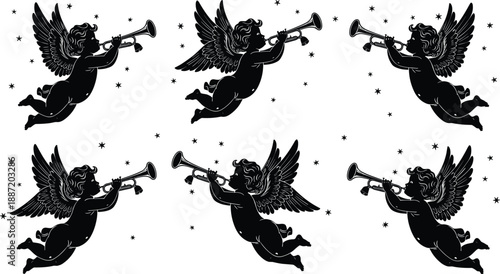 Flying angel silhouettes playing trumpets with stars, vintage religious cherub pattern in black vector style isolated on white background
