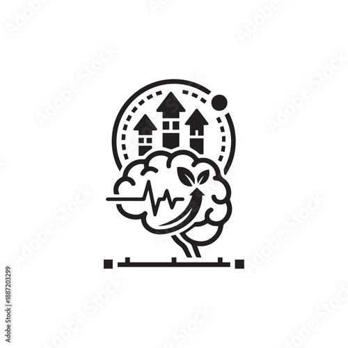 Smiling brain with houses and ECG line vector icon