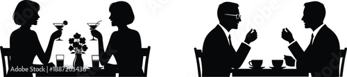 Black silhouettes of couples dining at tables with drinks and food