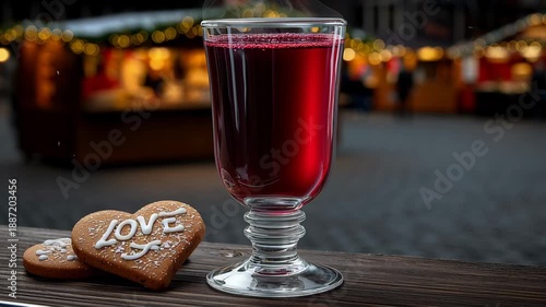 Enjoying warm drink and cookie at winter market near holiday stalls
