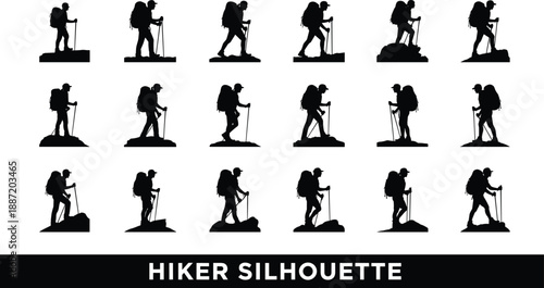 Black silhouettes of hikers with backpacks and trekking poles on rocky terrain hiking