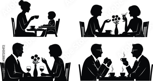 Black silhouettes of diverse people dining and drinking in various settings eating